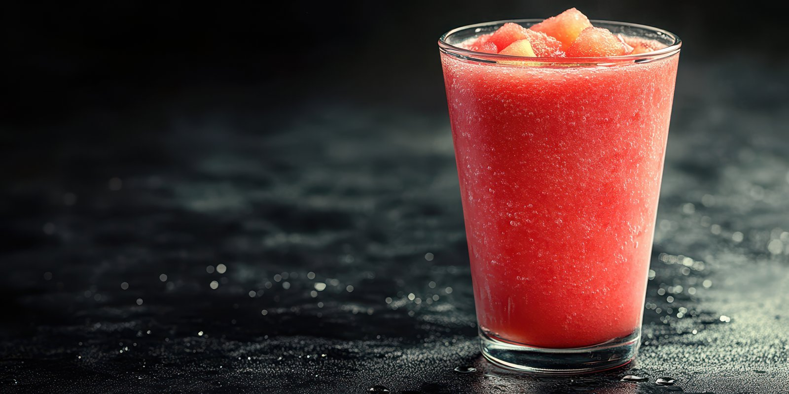 Refreshing watermelon slush served in a clear glass on a dark surface with ice cubes